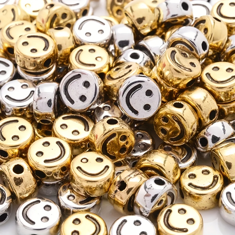 

100pcs 7mm (0.3inch) Acrylic Golden Silvery Smiling Face Beads Fashion For Diy Bracelet Necklace Handmade Crafts Small Business Jewelry Making Supplies