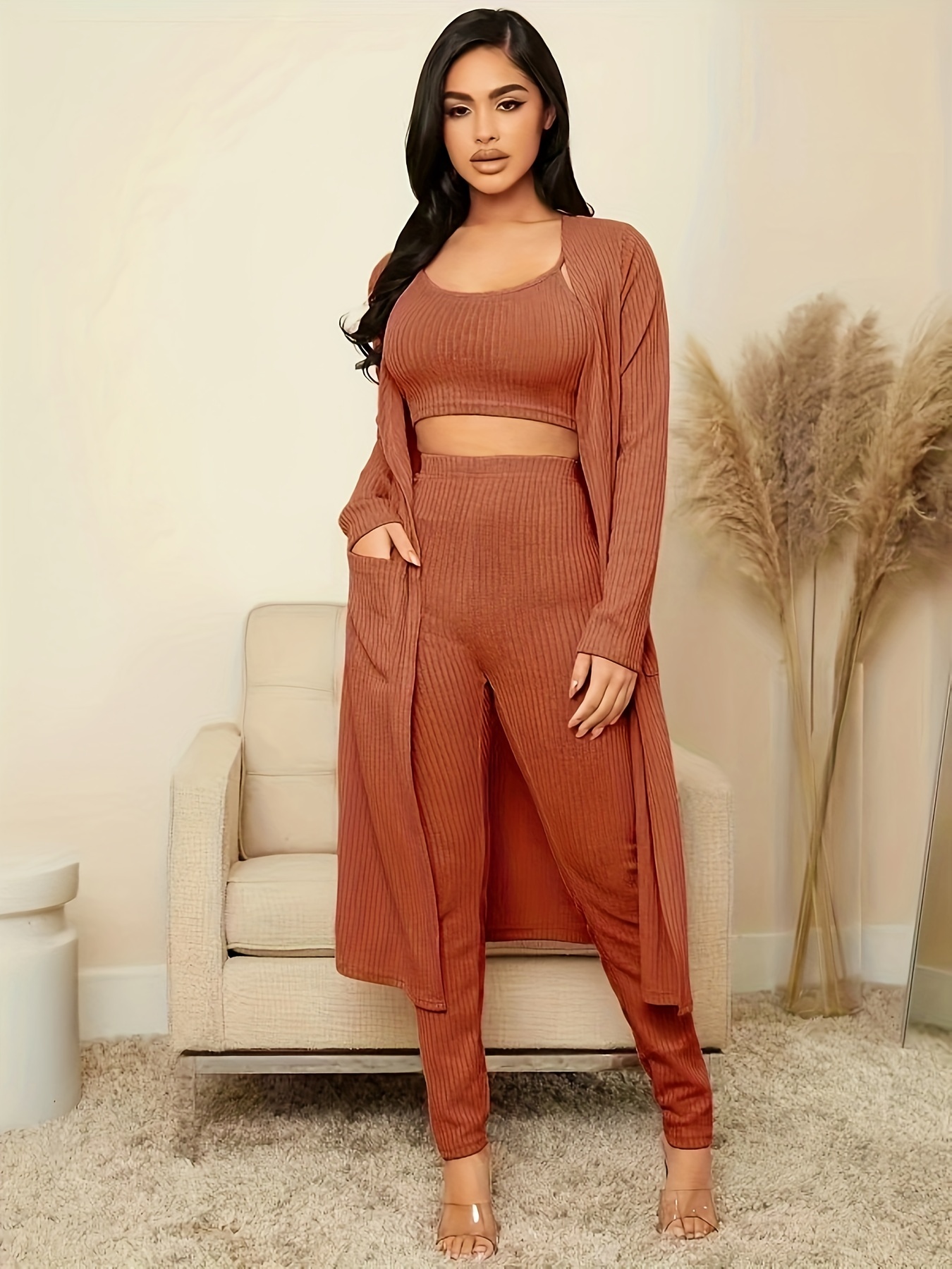 Solid Ribbed Lounge Set Crew Neck Cami Top Elastic Waistband