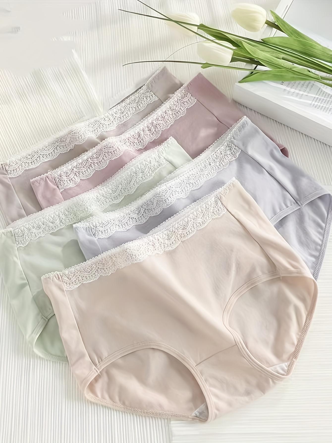 Solid Lace Trim Briefs Soft Comfy Stretch Cotton Panties - Temu Canada