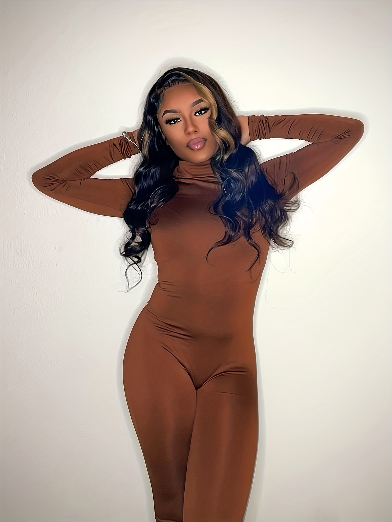 PULLIMORE Womens High Neck Tops Bodysuit Turtleneck Long Sleeve Stretchy  Bodycon Jumpsuit (M, Brown) 