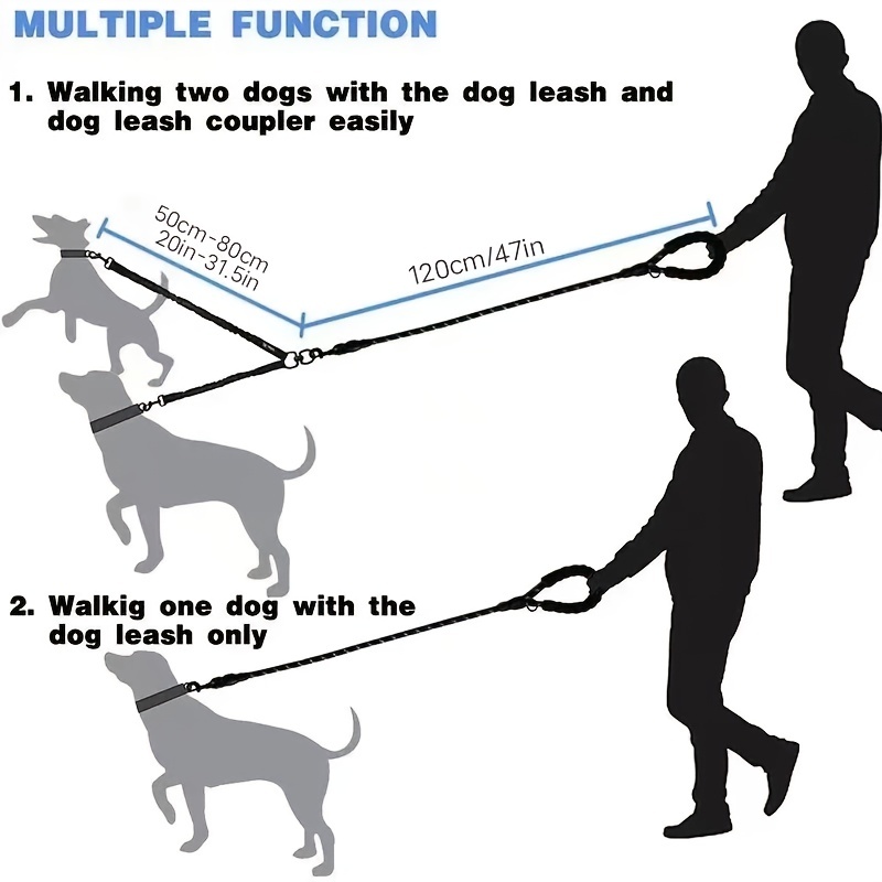 Laisse pour chien double, nouvelle version de conception coulissante,  séparateur de laisse pour animaux de compagnie double, crochet rotatif à  360 °, pas d'emmêlement, coupleur de laisse réfléchissant