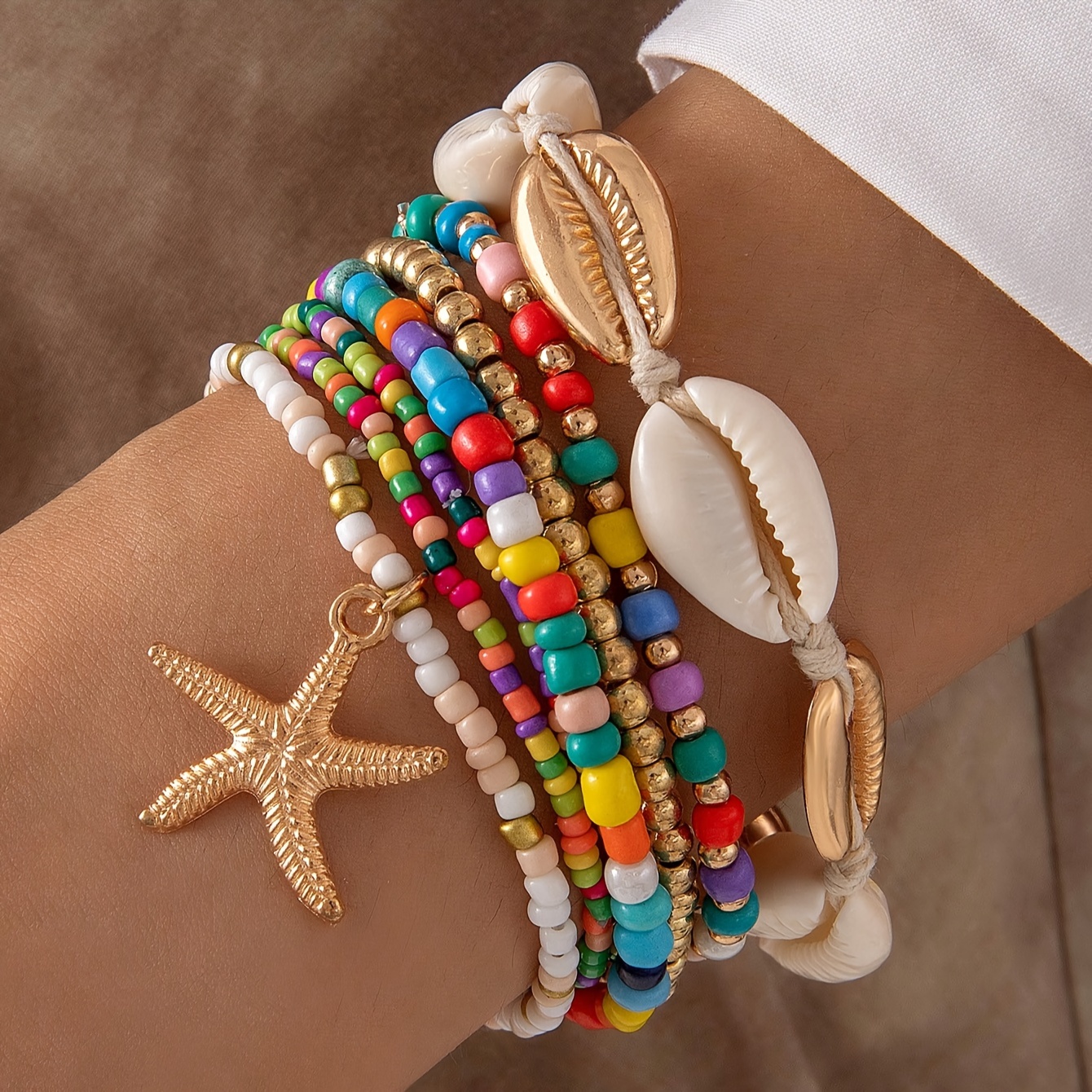 

7pcs Boho Style Starfish Pendant Beaded Bracelet Set With Mini Colorful Seed Beads Stackable Hand String