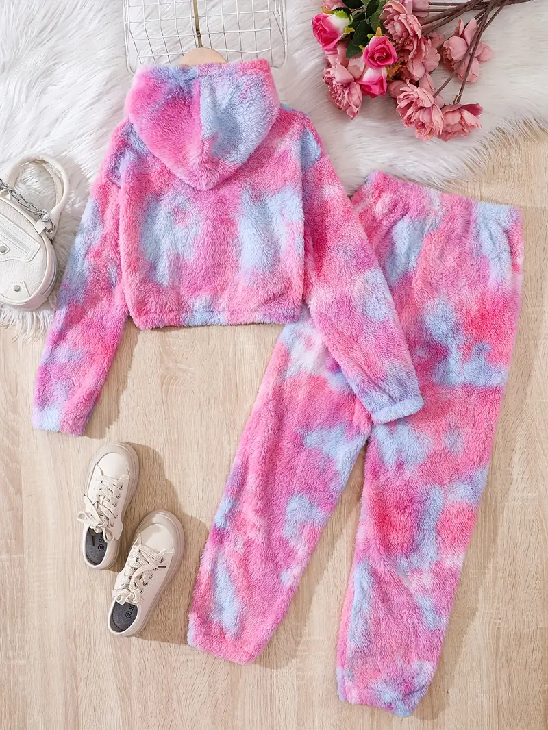 Girl's Tie dye Outfit Fuzzy Fleece Hoodie Jogger Pants Set - Temu