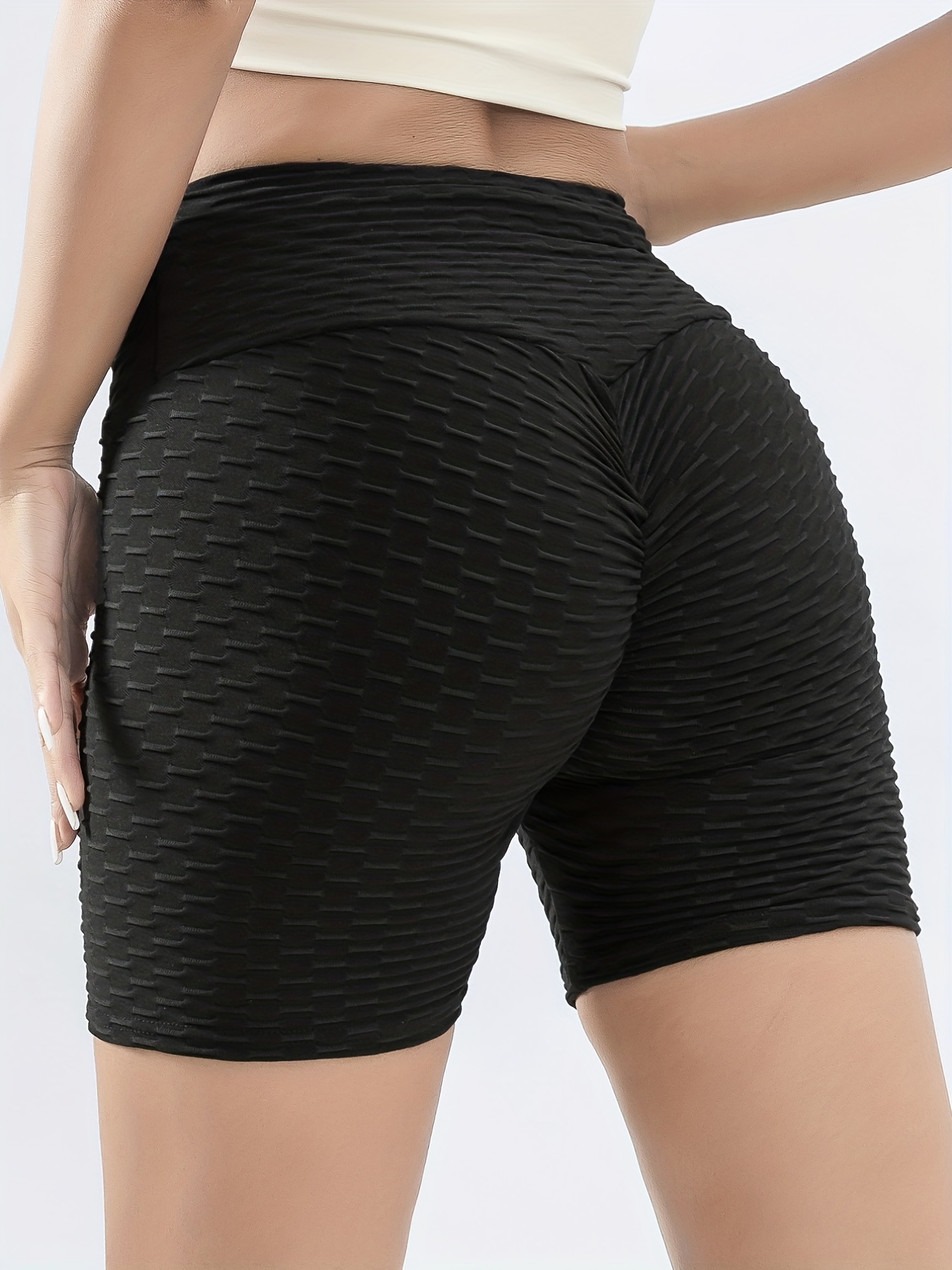 High waist Black Honeycomb Biker Shorts Women Slim Fit High - Temu