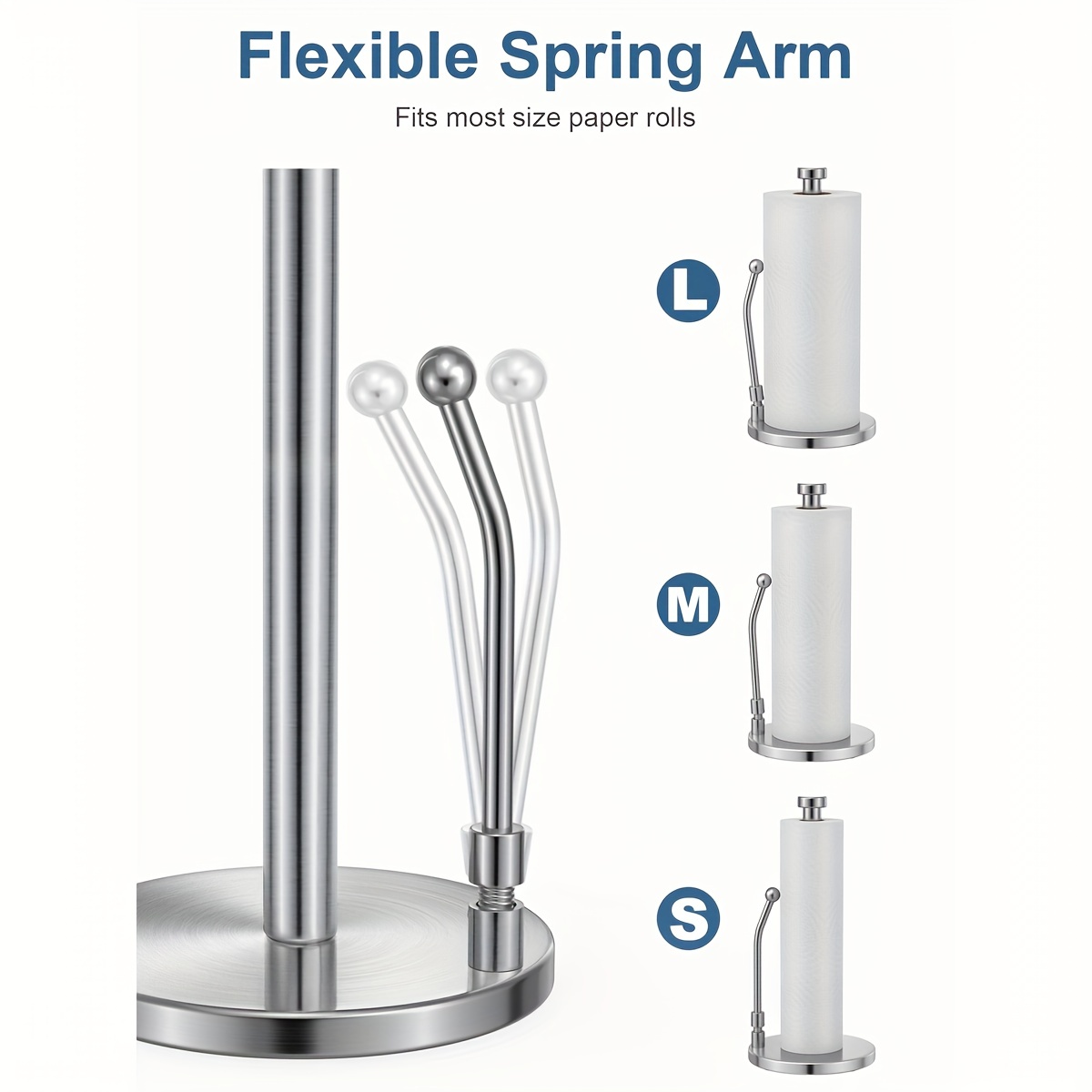 Paper Towel Holder Stainless Steel - One Hand Tear Paper Towel Dispenser  Standing Weighted Base Non Slip, Spring Arm, Stainless Steel Paper Towel  fits