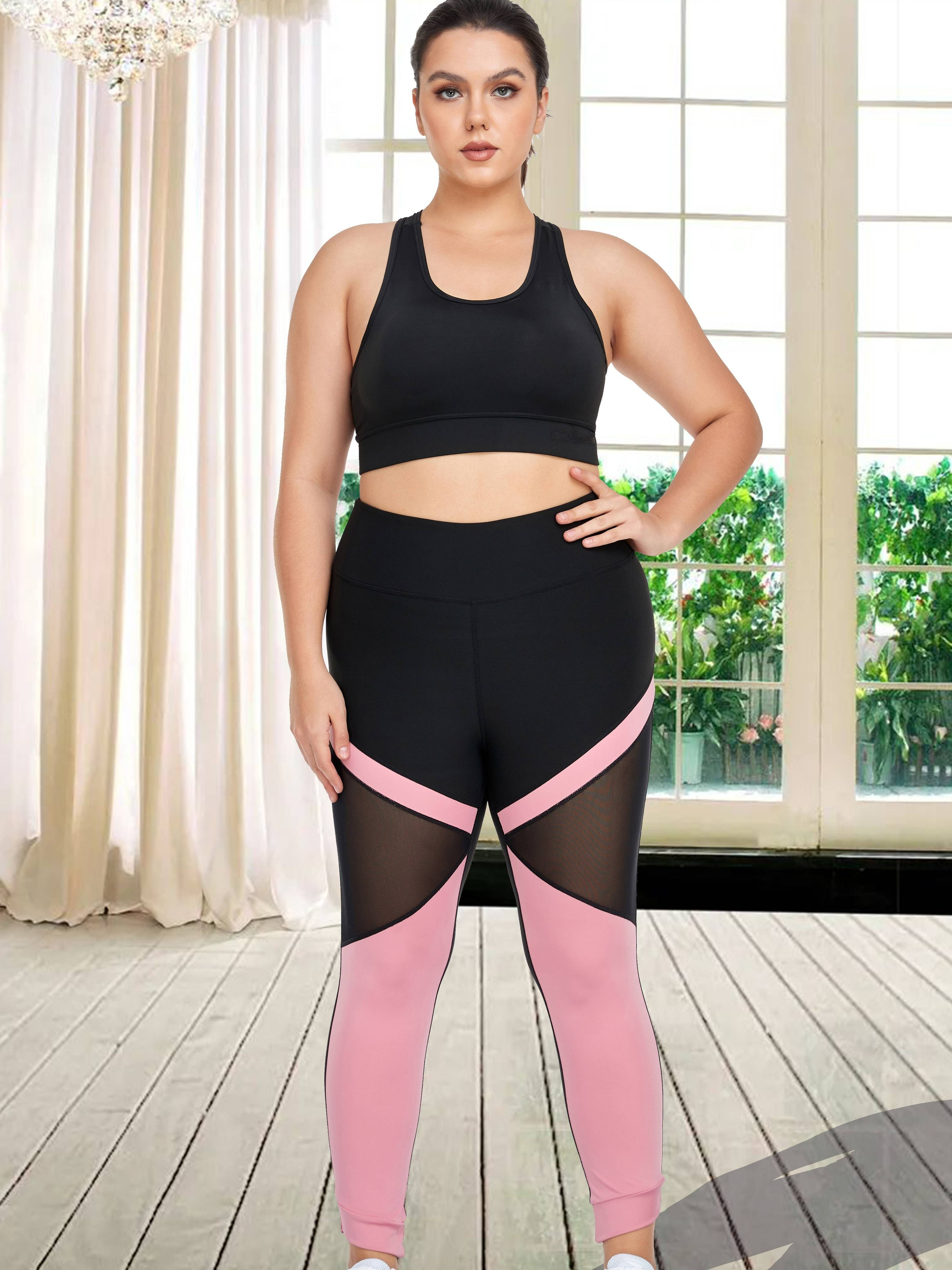 Plus Size Sports Leggings, Women's Plus Colorblock Insert Mesh Wide  Waistband Tummy Control Yoga Leggings