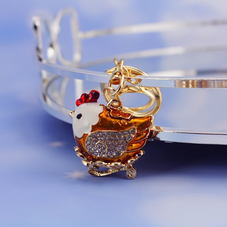 Rhinestone Hen Keychain Cute Cartoon Chicken Golden Alloy - Temu