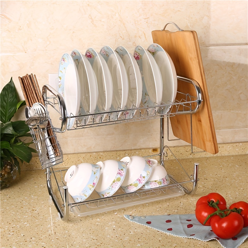 Dish Drying Rack For Kitchen Counter, 2-tier Rust-proof Dish Drying Rack  With Drain Board Hooks, Cutting Board Holder, Dish Rack For Kitchen Counter  With Utensil Holder, Kitchen Utensils, Apartment Essentials, Tools On