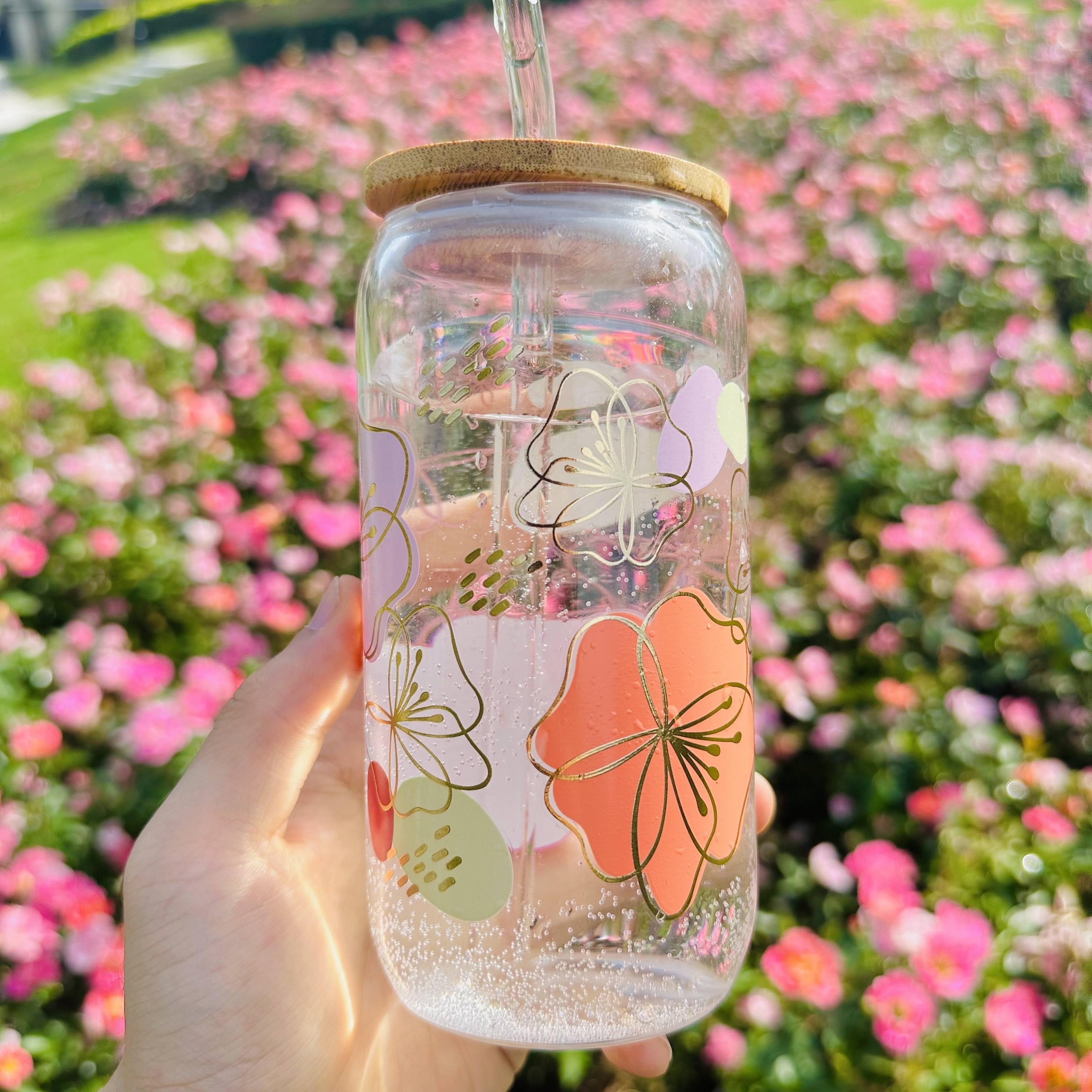 Pink Daisy Glass Bottle With Bamboo Lid-drink water Glass 