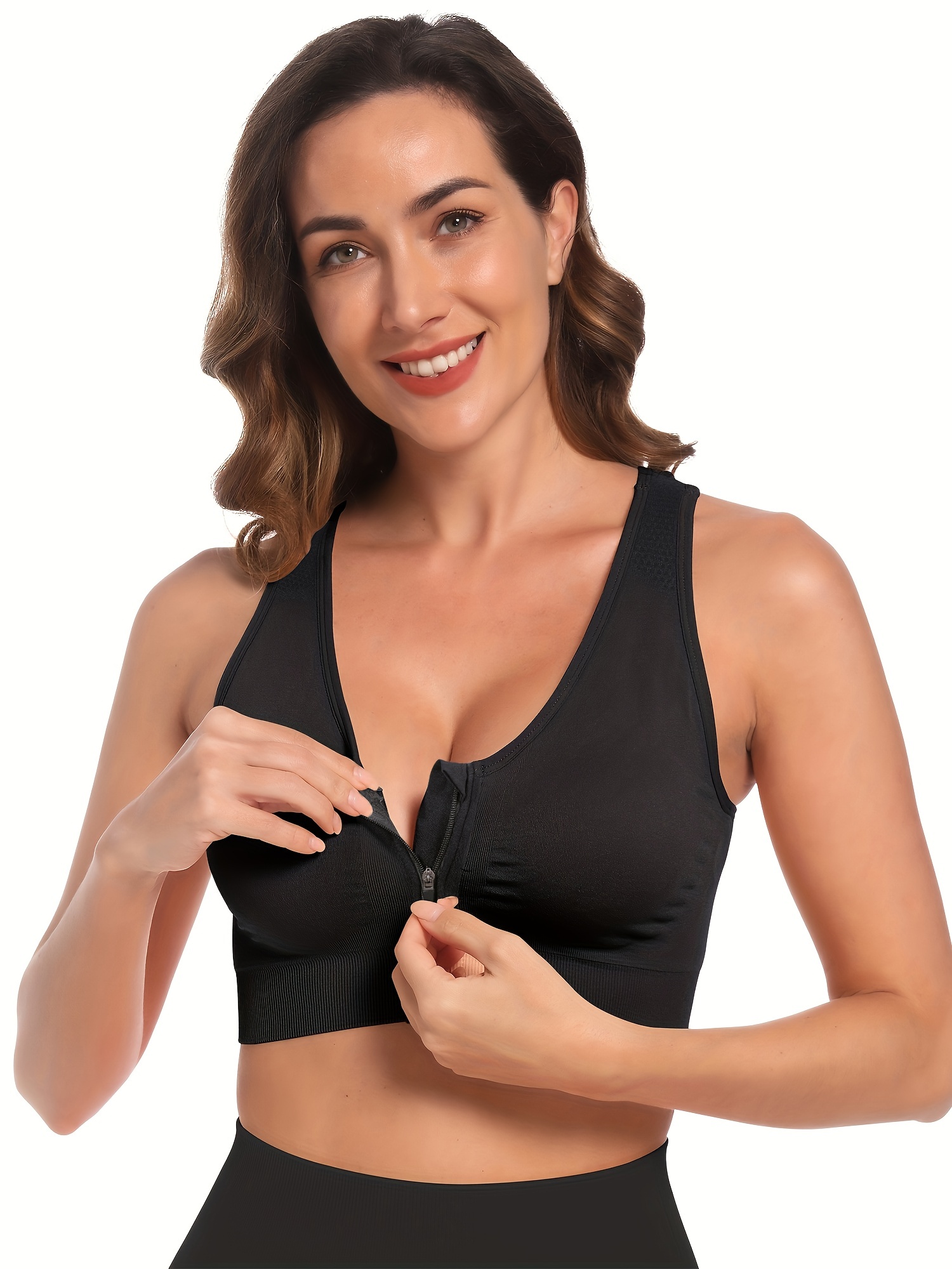 Women's Front Zip Sports Bra Running Shockproof Quick Drying Support Sports  Bra Gathering Yoga Tank Top Comfy Bras A-Black at  Women's Clothing  store
