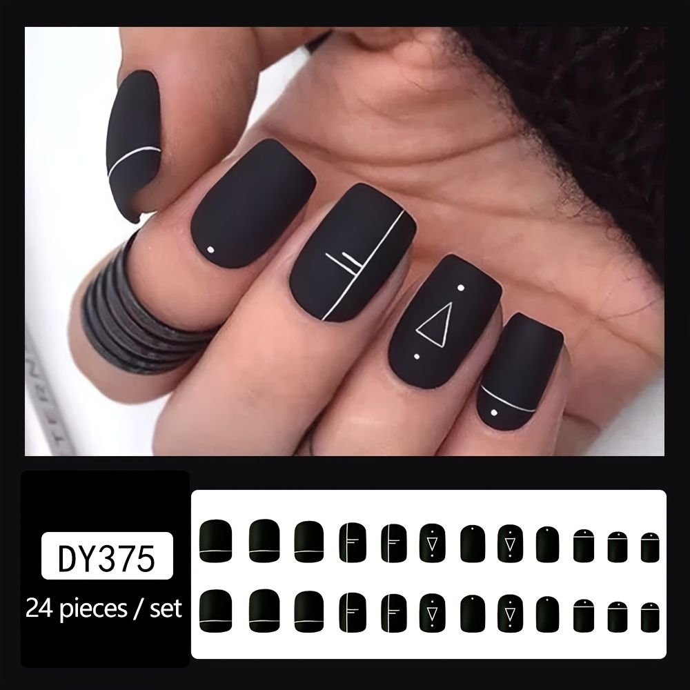 24 Pcs Nail Design Simple White Line And Black Fake Press On Nails Normal  Square Matte Artificial Nail Tips With Glue | Free Shipping For New Users |  Temu