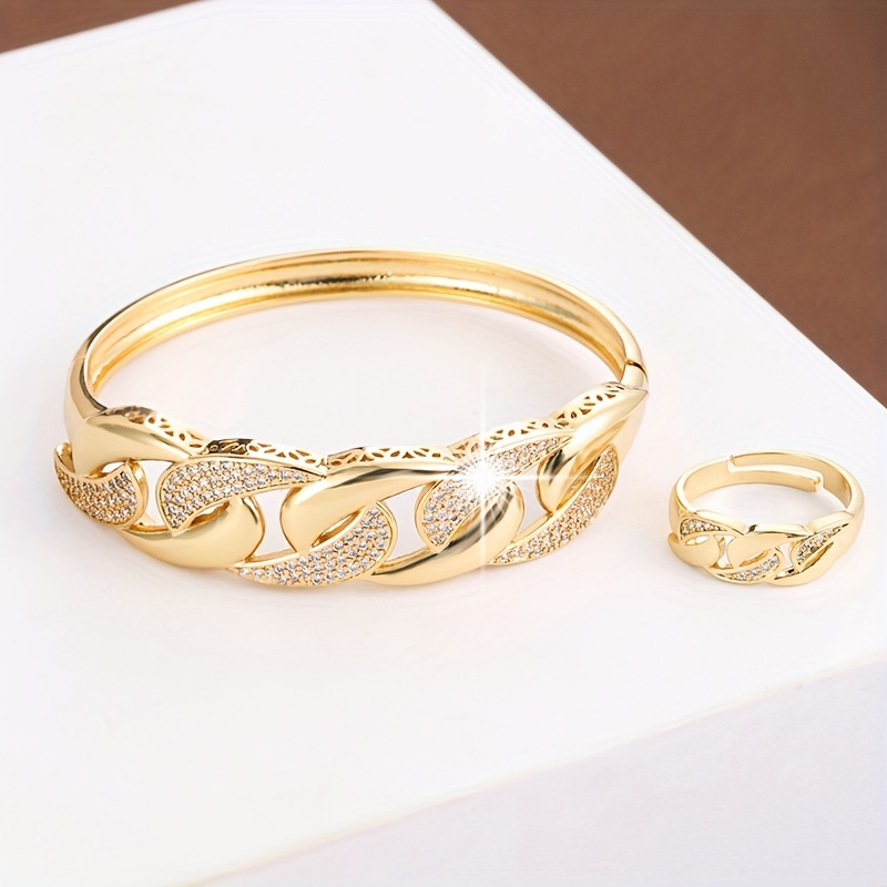Hip Hop Copper Bracelet & Ring Set with Zirconia Mosaic