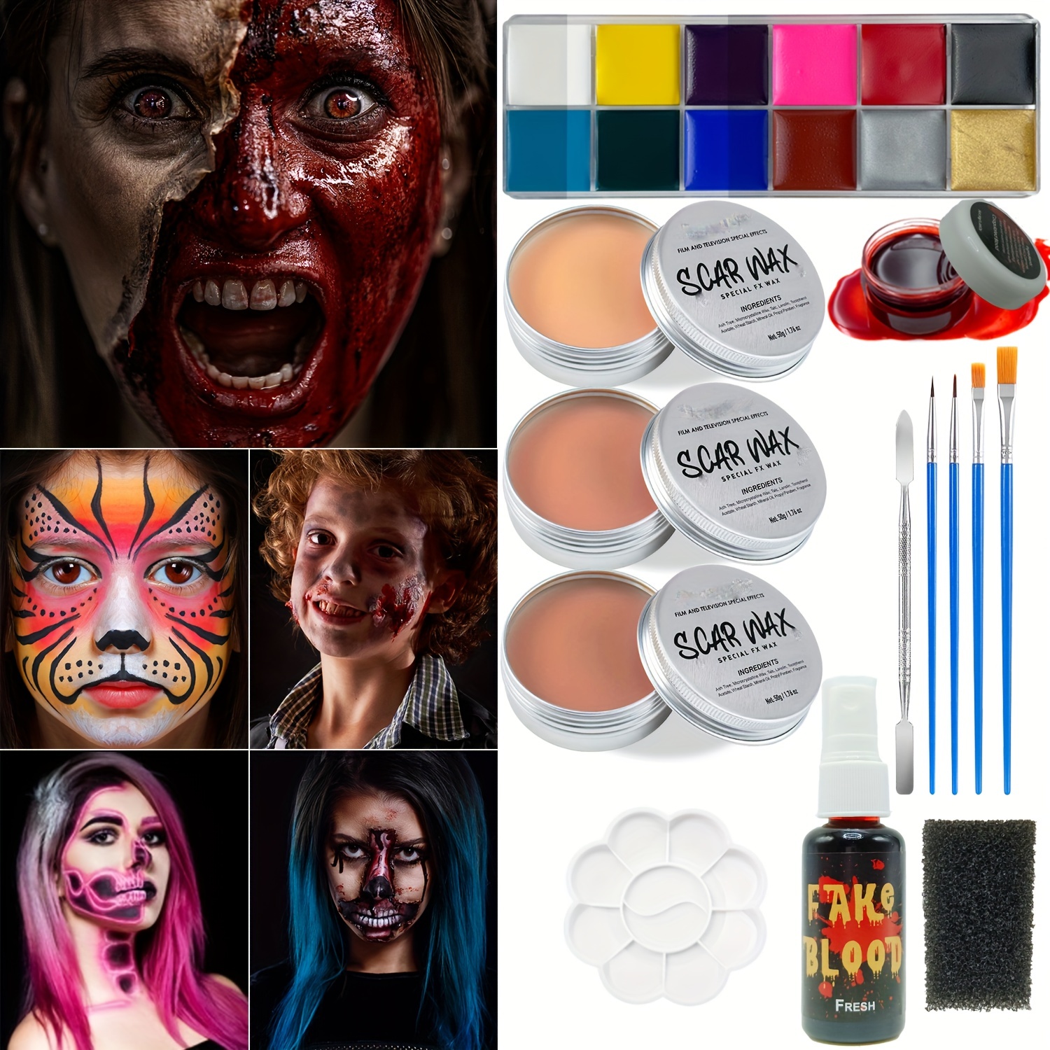 Halloween Fake Wounds Scars Wax Bruises Body Face Painting Cosplay SFX  Makeup Kit Body Face Paint Tools Sponge&Spatula