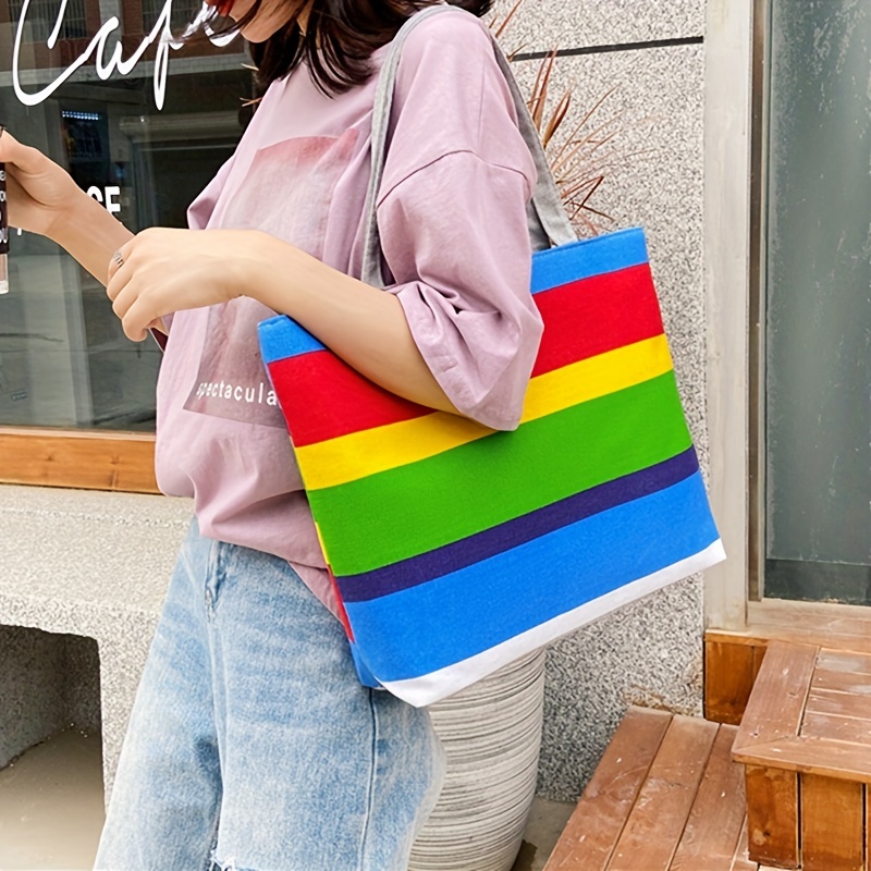 Large Capacity Simple Striped Canvas Shoulder Bag Womens Casual Shopping Bag  Literature Portable Tote Bag - Bags & Luggage - Temu