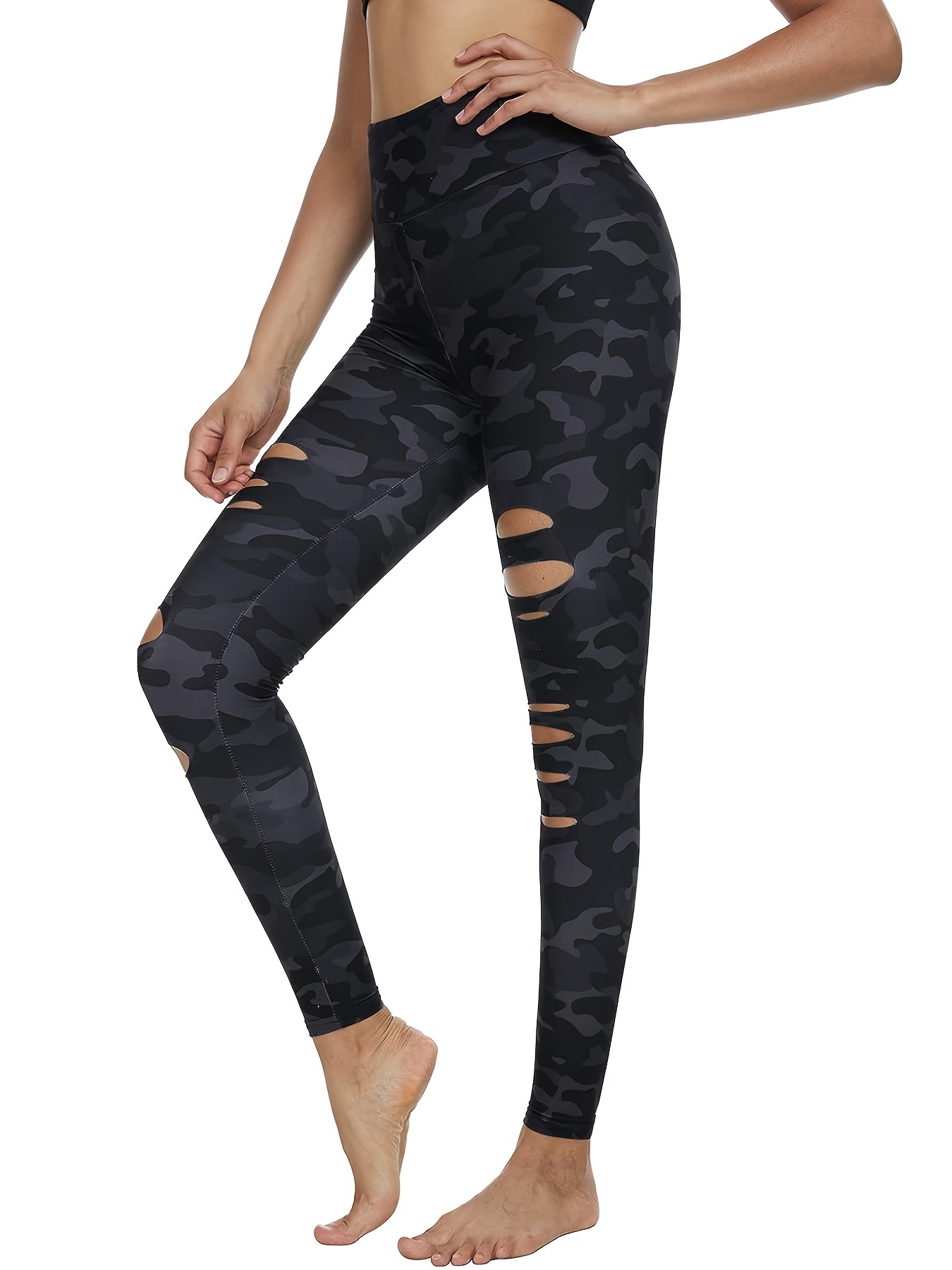 Hollow Out High Waist Ripped Leggings, Sports Fitness Yoga Running Pants,  Women's Activewear