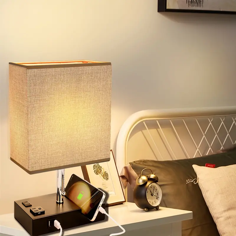 1pc 3-Color Temperature Bedside Lamp, Nightstand Lamp Table Lamp, Desk Lamp With 2 USB And AC Outlet, Bedside Phone Stands For Bedroom, Living Room, Office, LED Bulb Included details 0