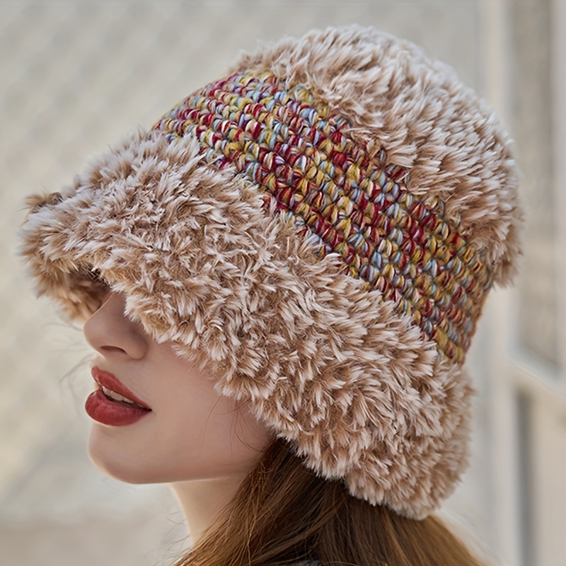 ヴィンテージ毛皮のかぎ針編みバケットハットカラーブロック厚い
