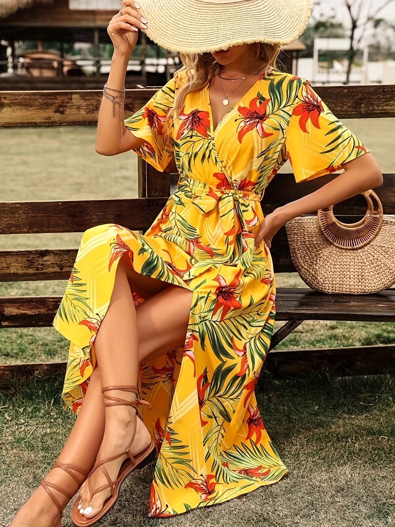 Floral print short sleeve hot sale tie waist maxi dress