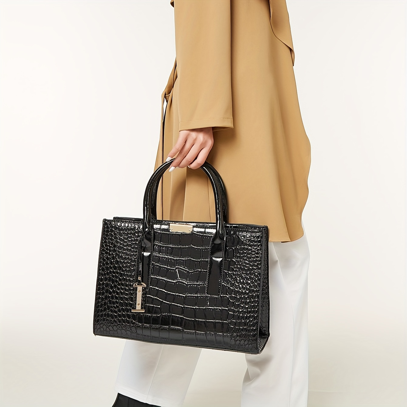 Elegant Crocodile Pattern Satchel Bag, Classic Solid Color