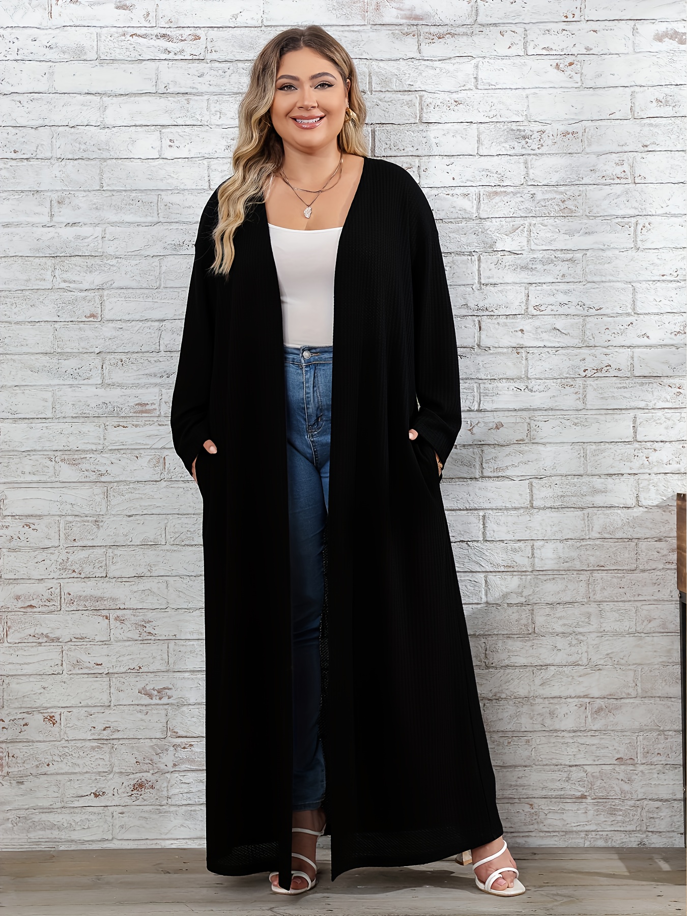 Plus Size Casual Coat Women's Plus Solid Long Sleeve Open - Temu