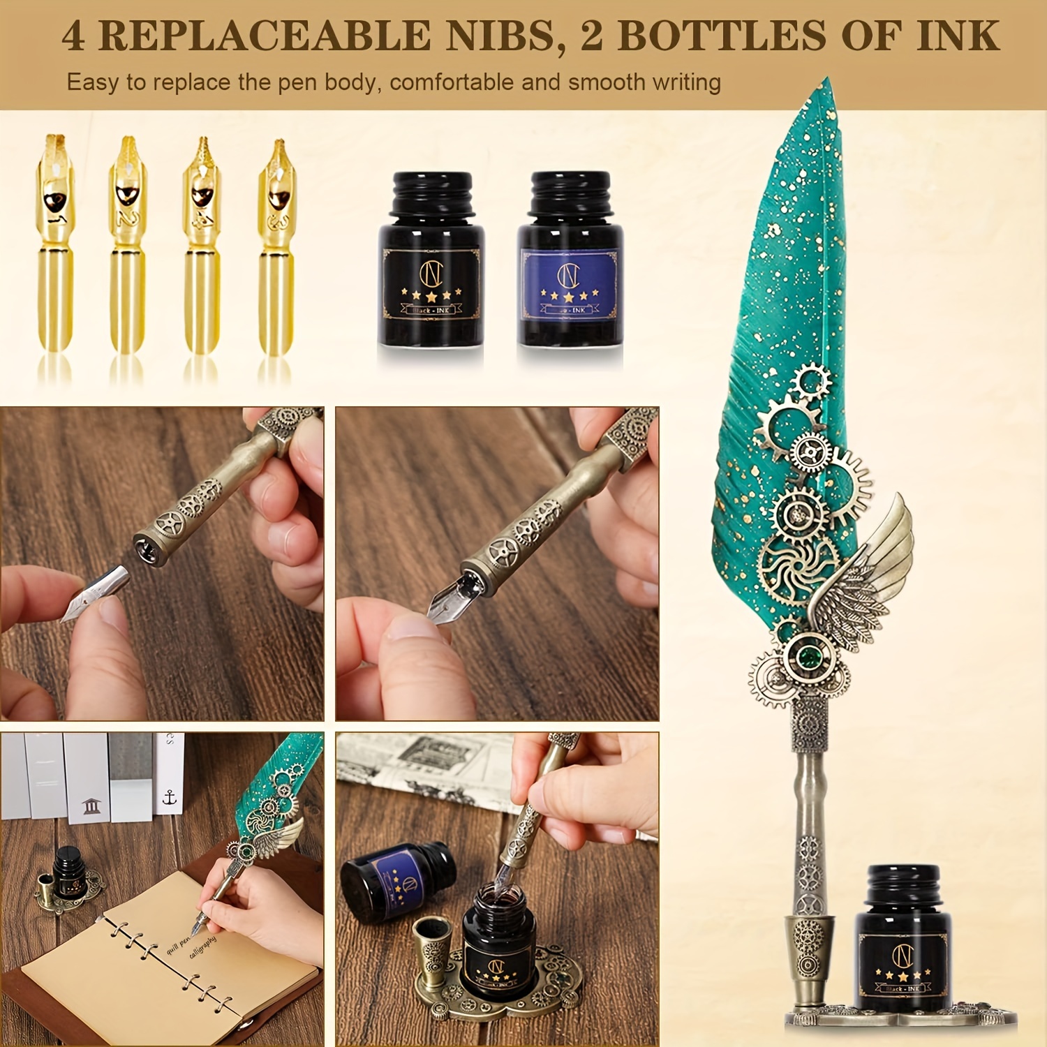 OBOSOE Pen And Quill Ink Set Includes Ink Bottle And 5 Replaceable  Stainless Steel Nibs,Calligraphy Pens For Writing,Letter Writing,Signing  Invitations And More 