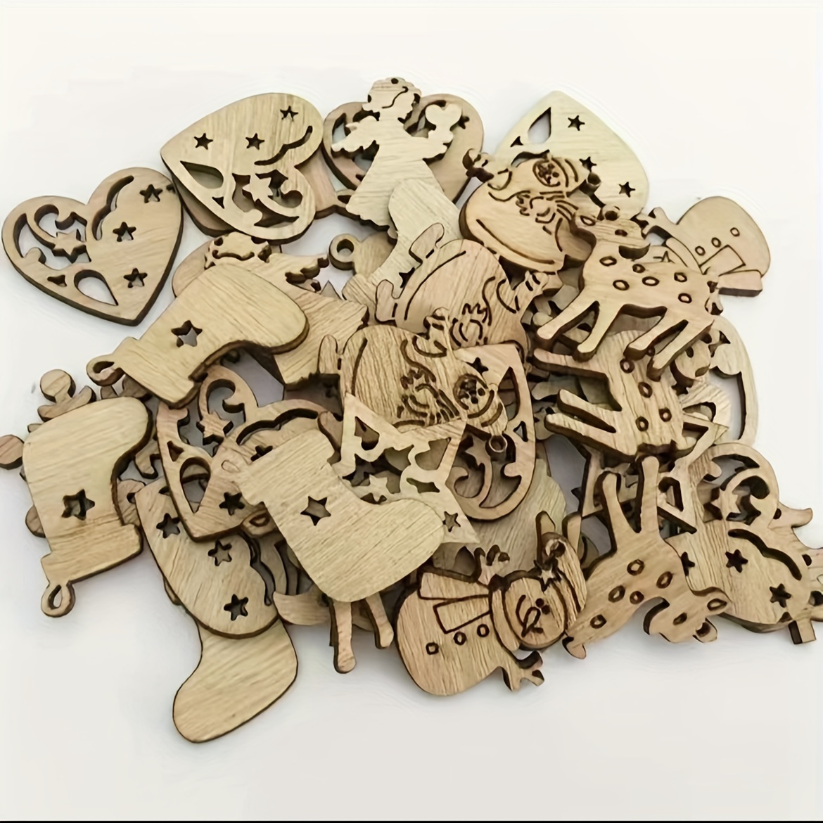 

50pcs Christmas Decorations, Winter Christmas Wooden Decorations, Vintage Cartoon Wood Chips For Christmas Decoration, Natural Antique Wood Chips, Wedding Bulk, Craft Diy, Christmas Decoration.