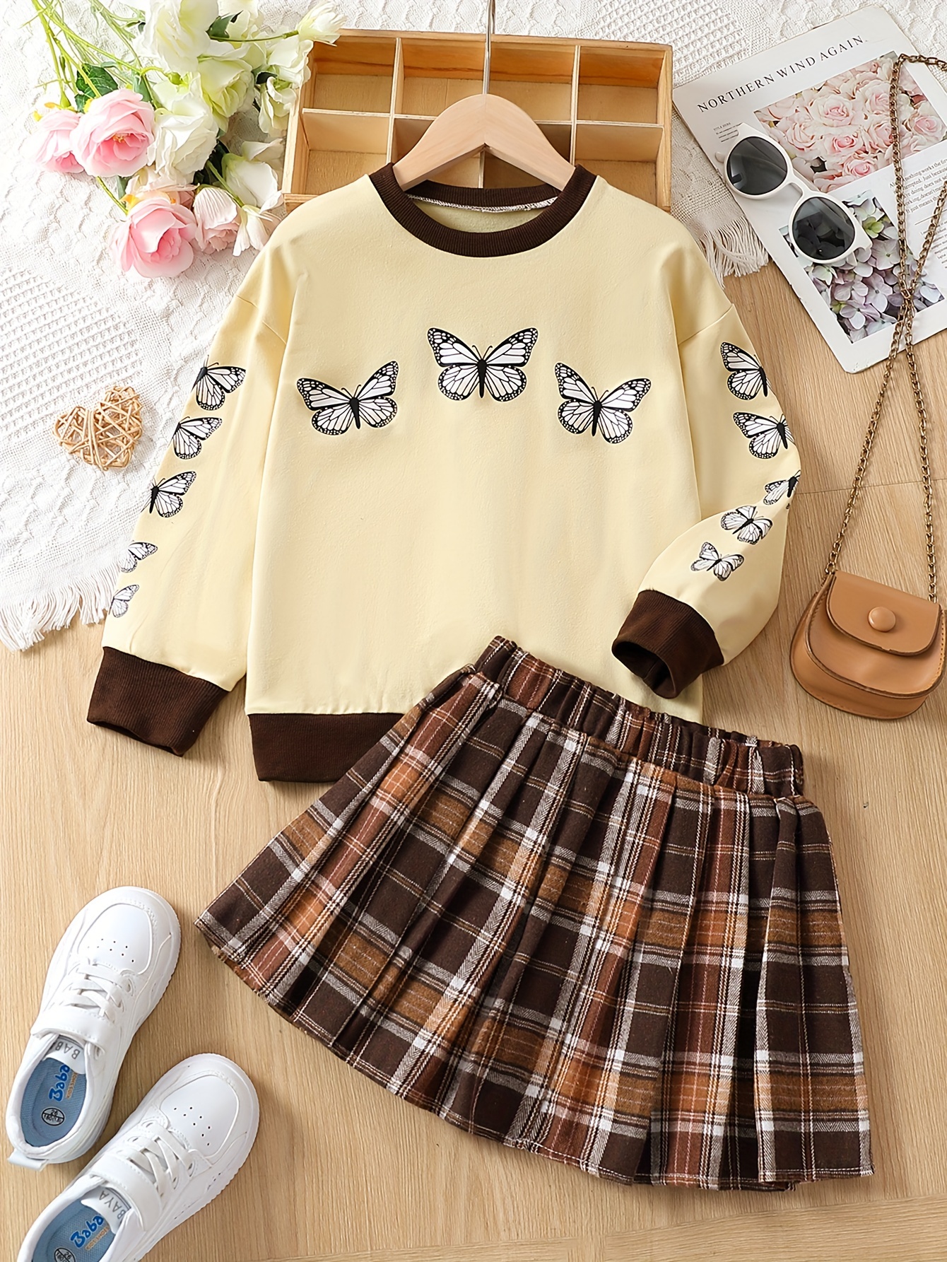 Girls' 2-piece Preppy Style Outfits, Butterfly Print Top & Plaid Pleated  Skirt, Comfy Sets Kids Clothes For Spring Fall