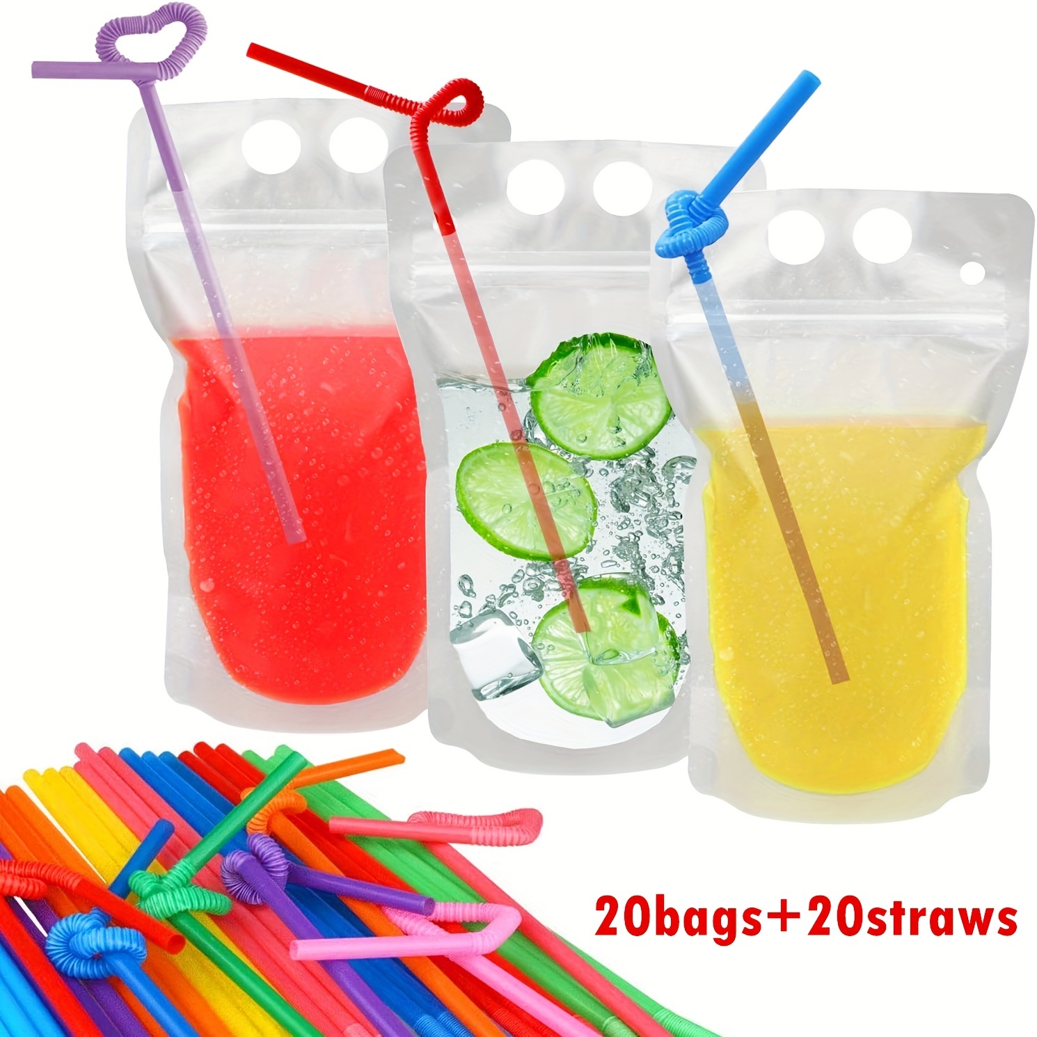 50 Pack 16oz Reusable Adult Plastic Drink Pouches with Funnels for Juice,  Soda, Liquor (9 x 5 In)
