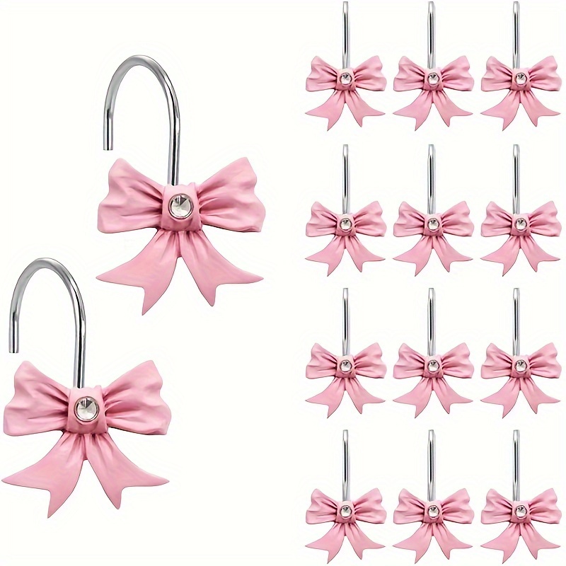 12pcs Pink Bow Decorative Shower Curtain Hook, Waterproof Rust-proof Creative Shower Curtain Hook For Bathroom Curtain And Rod, Bathroom Accessories,