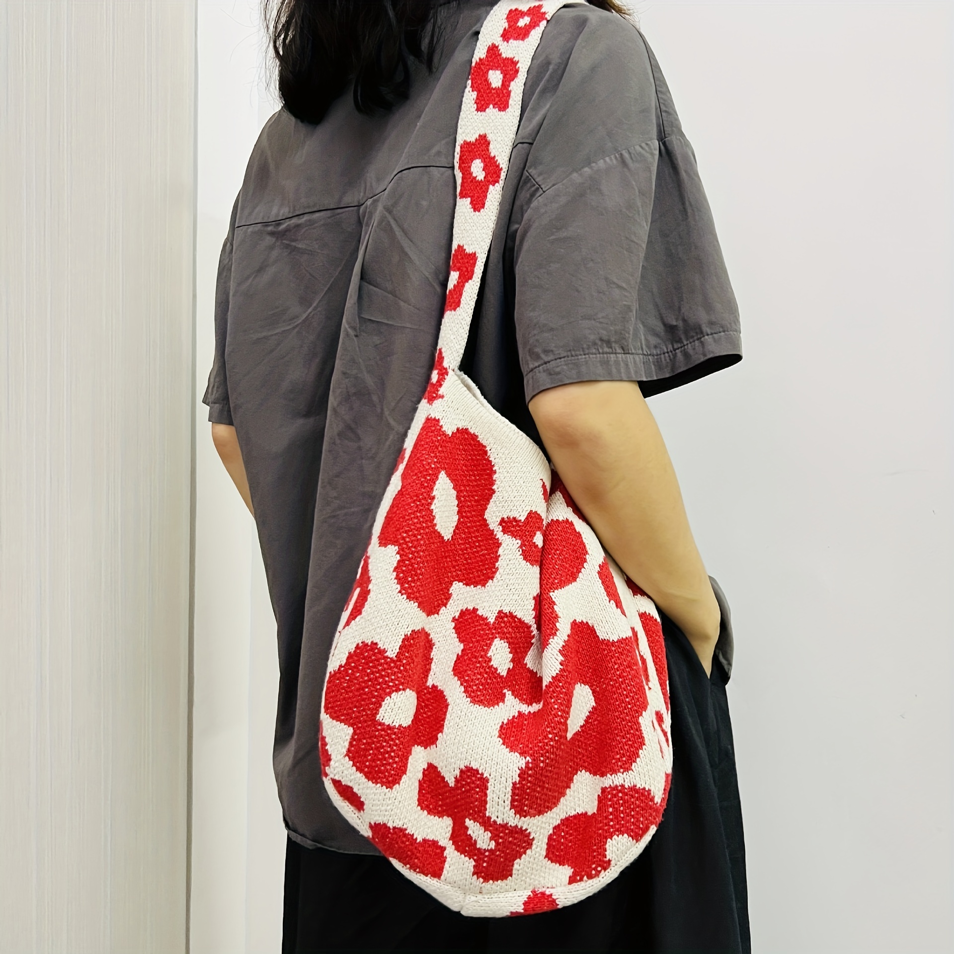 Cute Cartoon Flower Knitted Bag, Aesthetic Y2K Shoulder Bag, Women's Casual  Hobo Purse & Tote Handbag