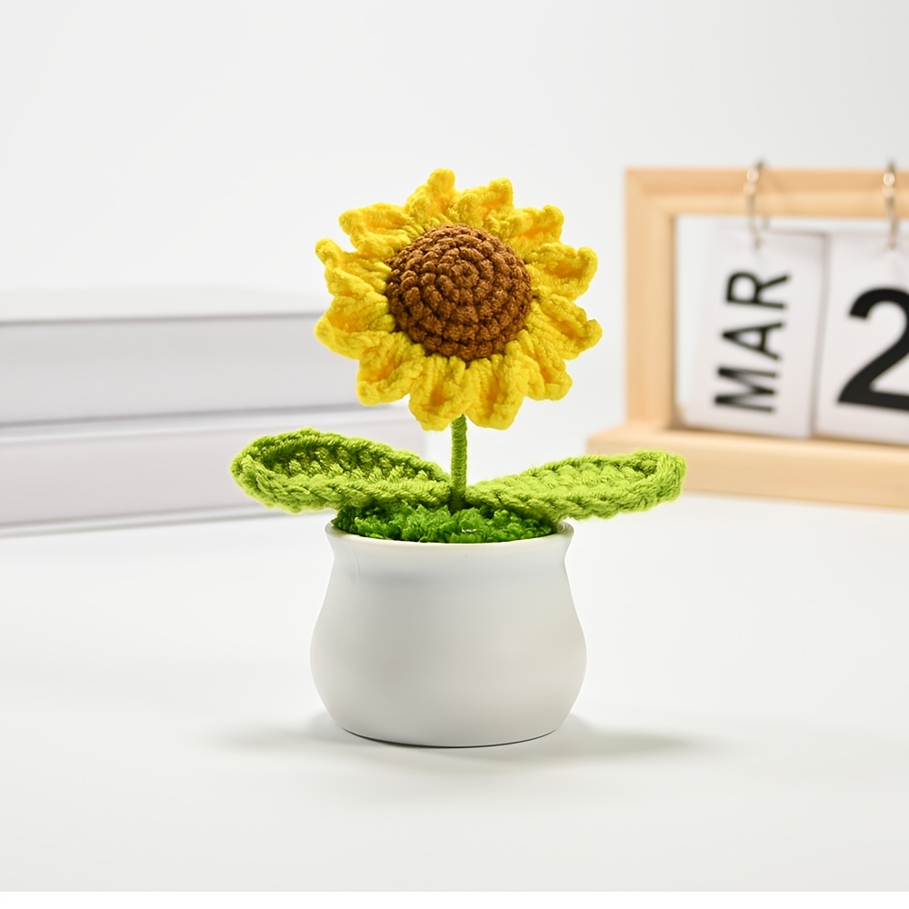 1pc Handmade Crocheted Smiling Sunflower Bonsai Artificial Plant - Vibrant Yellow &amp; Orange Fleeceen Yarn, Realistic Desktop Decor with Pot for Office, Living Room, Bedroom - Thoughtful Gift for Wife, Mother, Girlfriend (Birthday, Christmas, Valentine’s Day)
