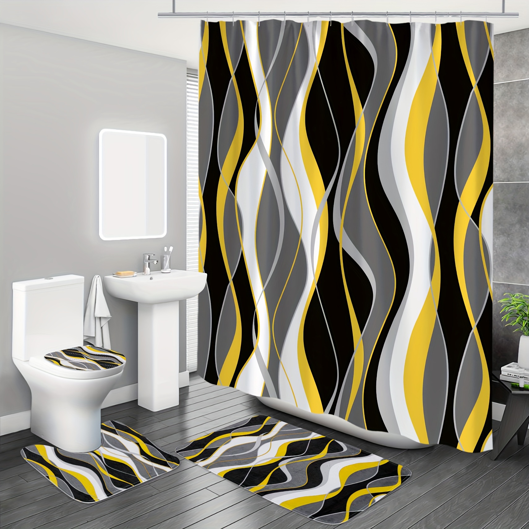 Black Shower Curtain Set Yellow Waterproof Shower Curtain 12 - Temu