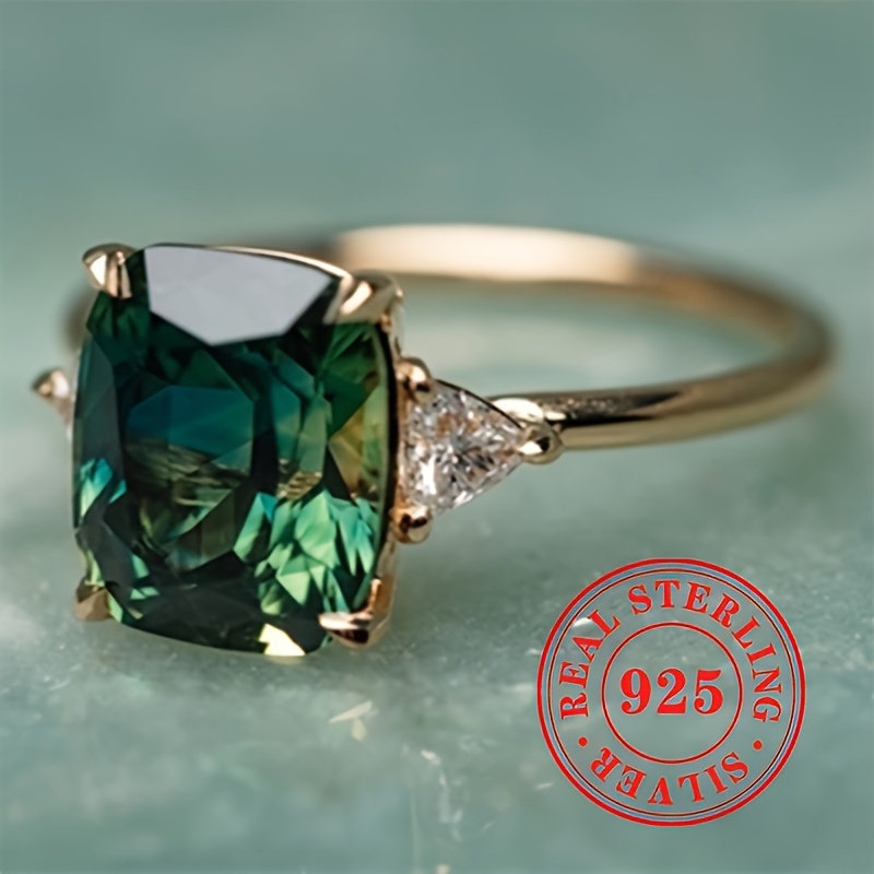 Image of Vintage S925 Sterling Silvery 4-prong Green Synthetic Zirconia Ring For Women, Casual And Banquet Jewelry Gift For Anniversary Wedding Celebration