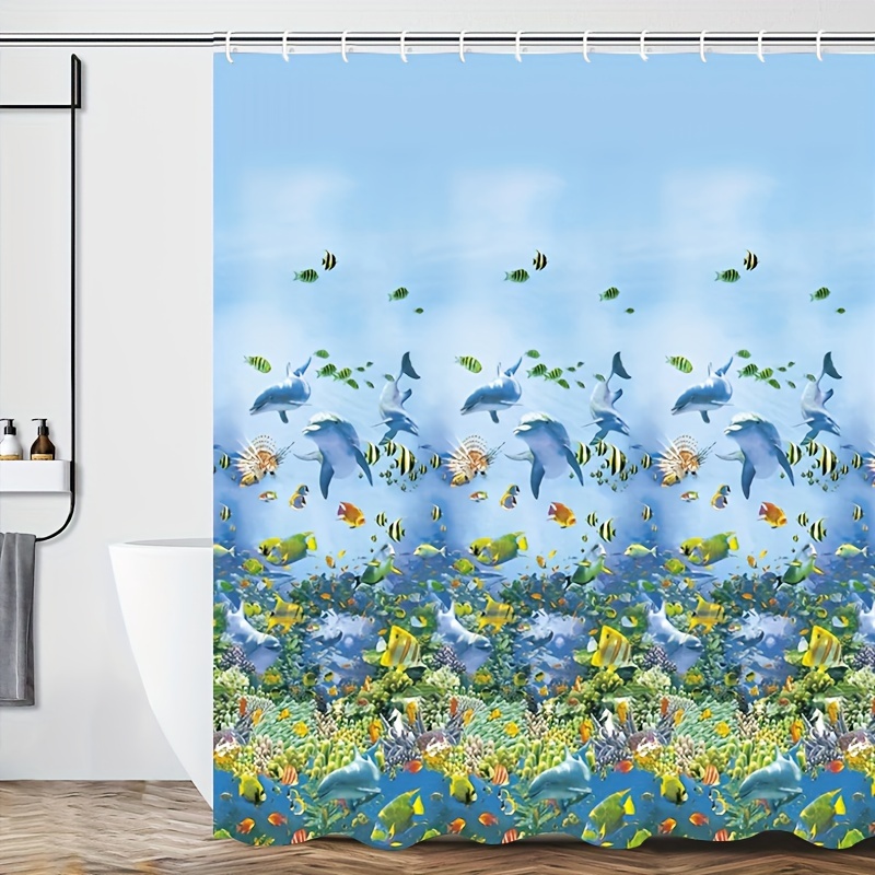 

1pc Ocean Fish Pattern Shower Curtain. Peva Material Waterproof And Mouldproof Bathroom Decoration Curtain Including Hooks, Bathroom Partition Curtain, Bathroom Accessories