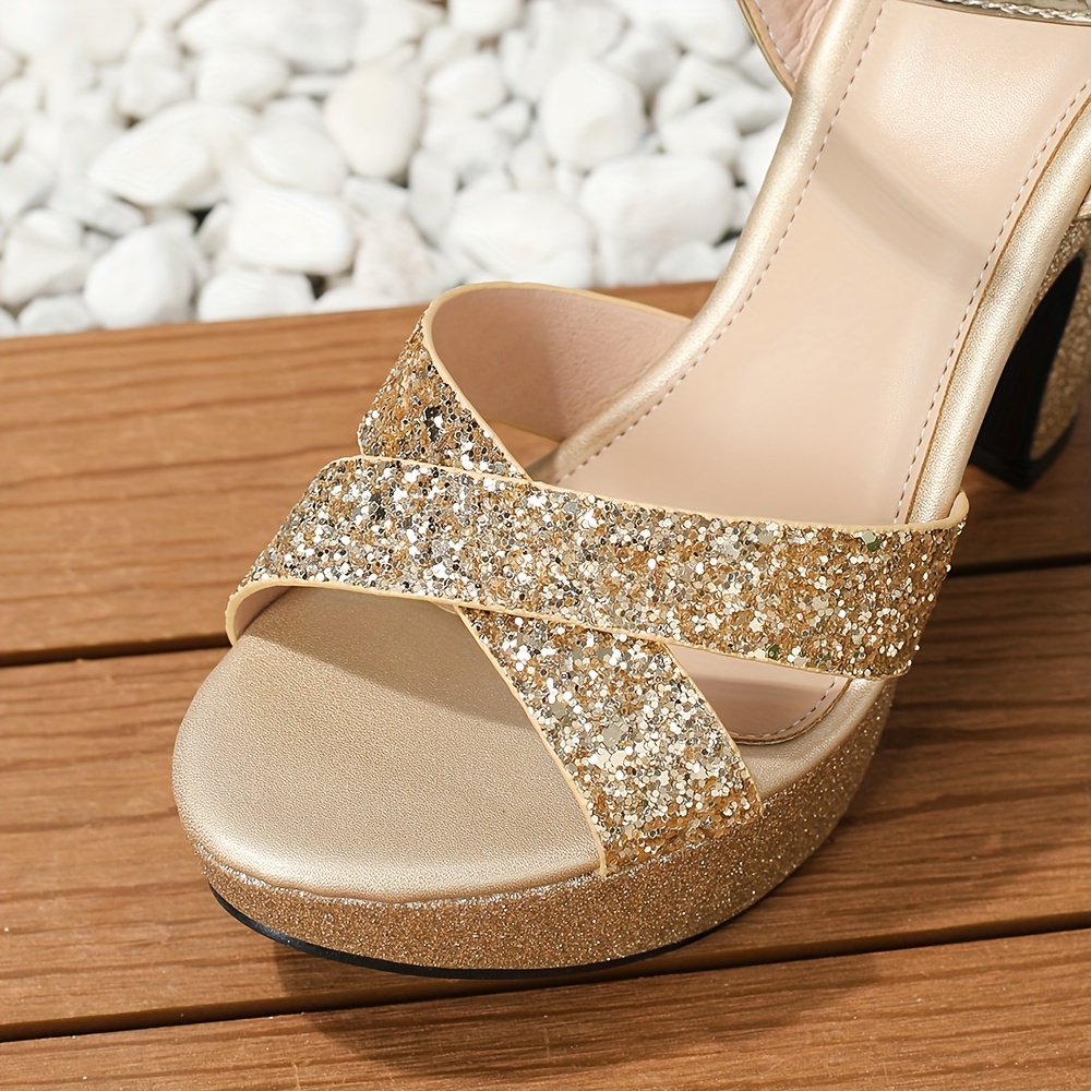Women's Glitter Platform High Heels, Peep Toe Ankle Strap Block Heeled  Sandals, Stylish Party & Prom Shoes