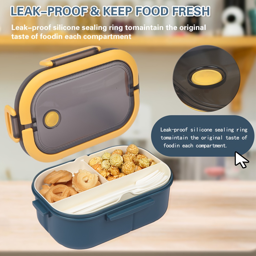 Lunch Boxes, Bento Box, Food Containers, 1000 ml Airtight LeakproofLunch Box, 3 Compartment Sealed Bento Box(with Fork and Spoon), BPA Microwave and