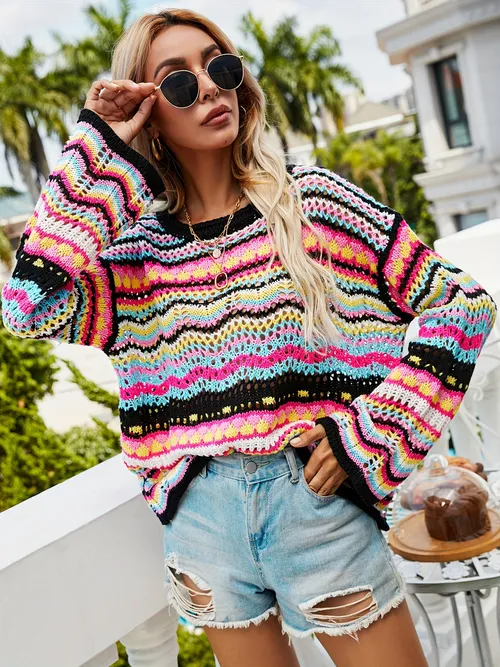 Neck Knit Striped Sweater - Temu