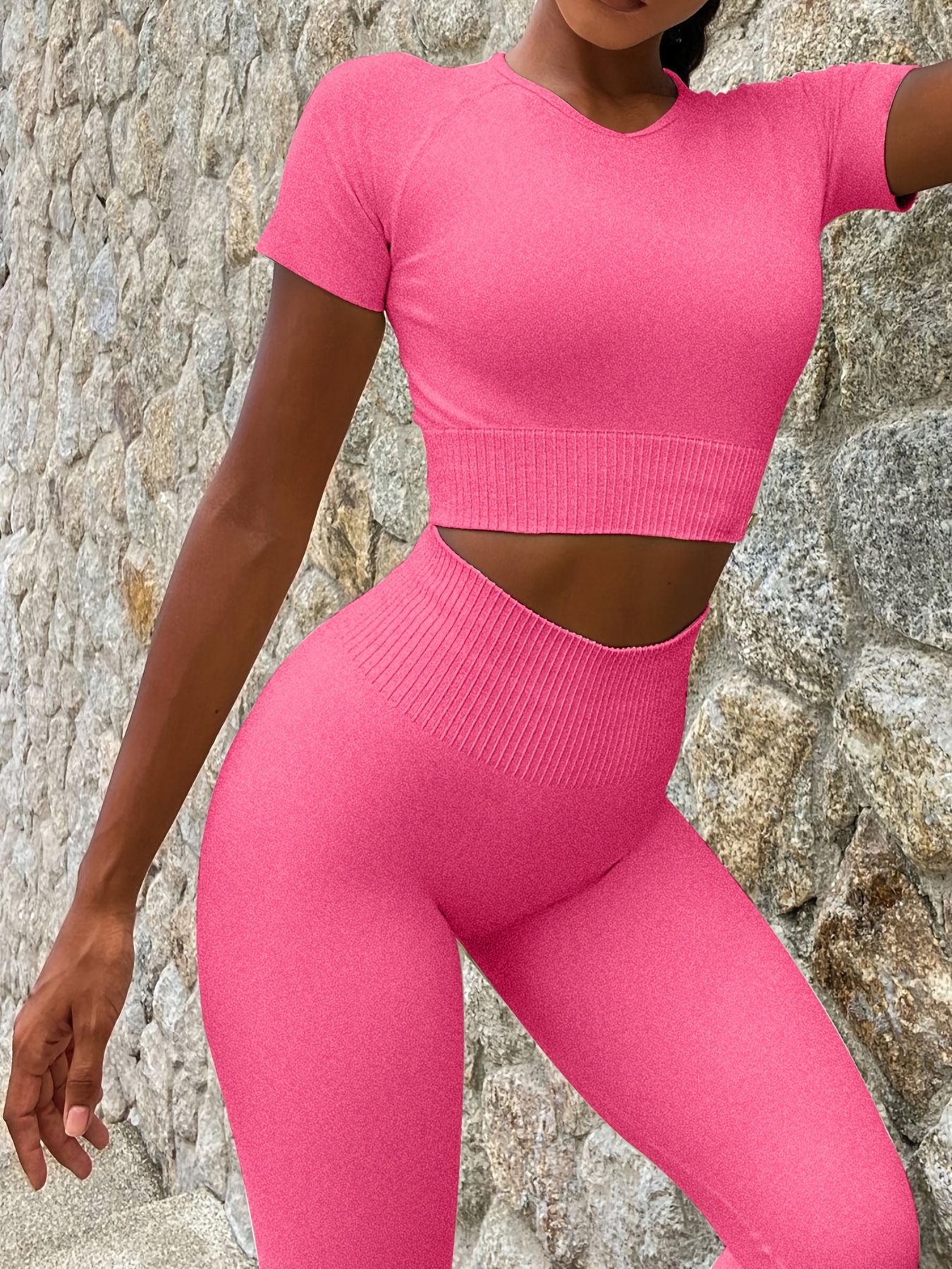 OYS Women's 2 Piece Tracksuit Workout Outfits Seamless High Waist Leggings  Sports Long Sleeve Gym Sets Fuchsia