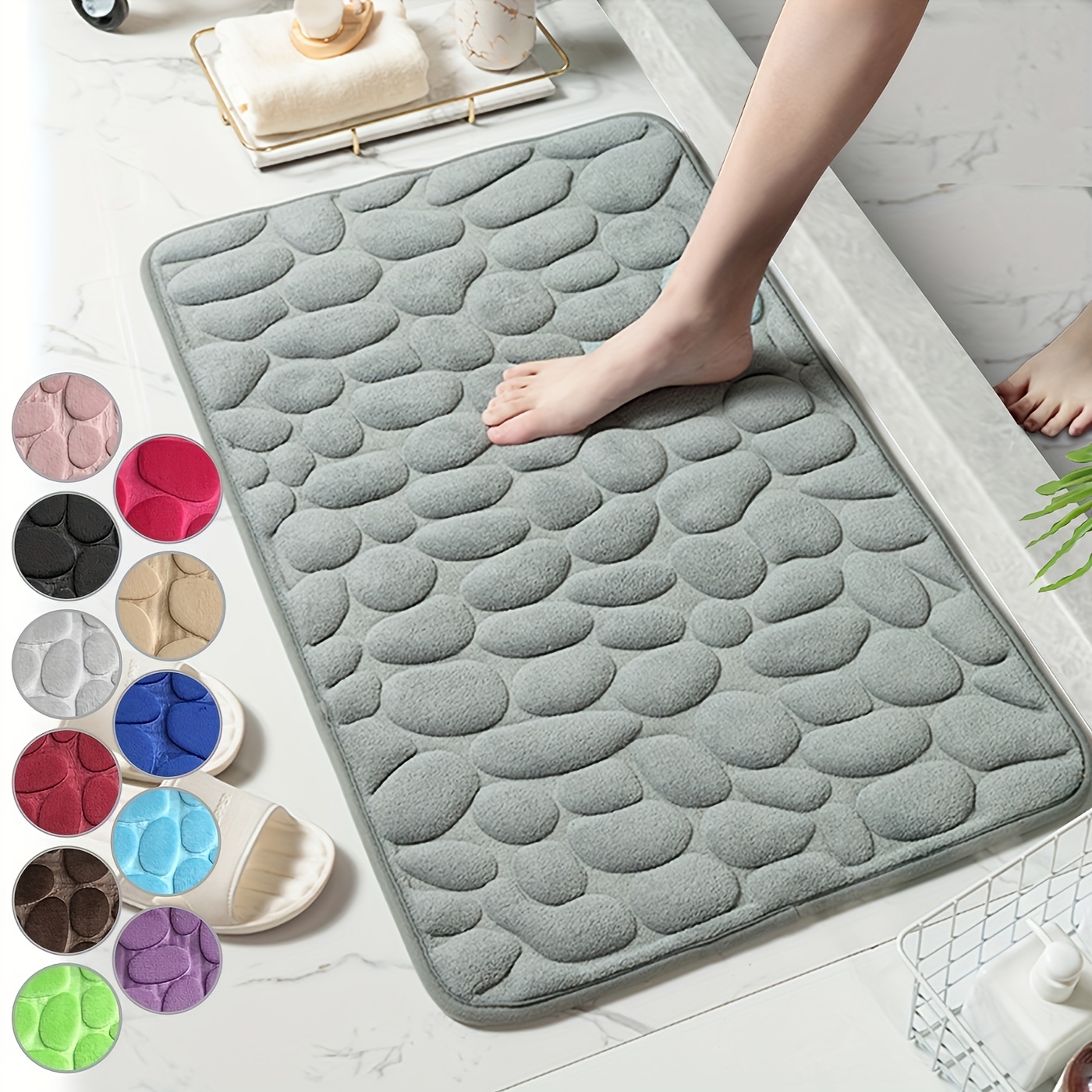 Memory Foam Bath Mats,Bathroom Rugs Carpets with Cobblestone Embossed Coral  Fleece for Rapid Water Absorbent