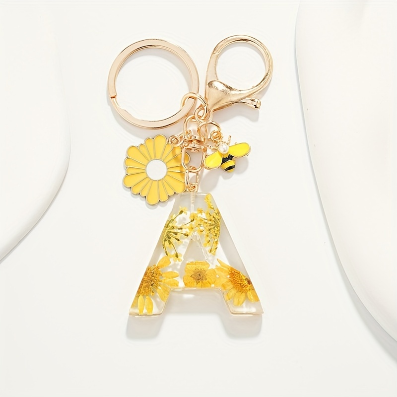 

1pc Cute Letter A Bee Keychain For Men, Simulation Flower Resin Sunflower Pendant Key Chain For Men