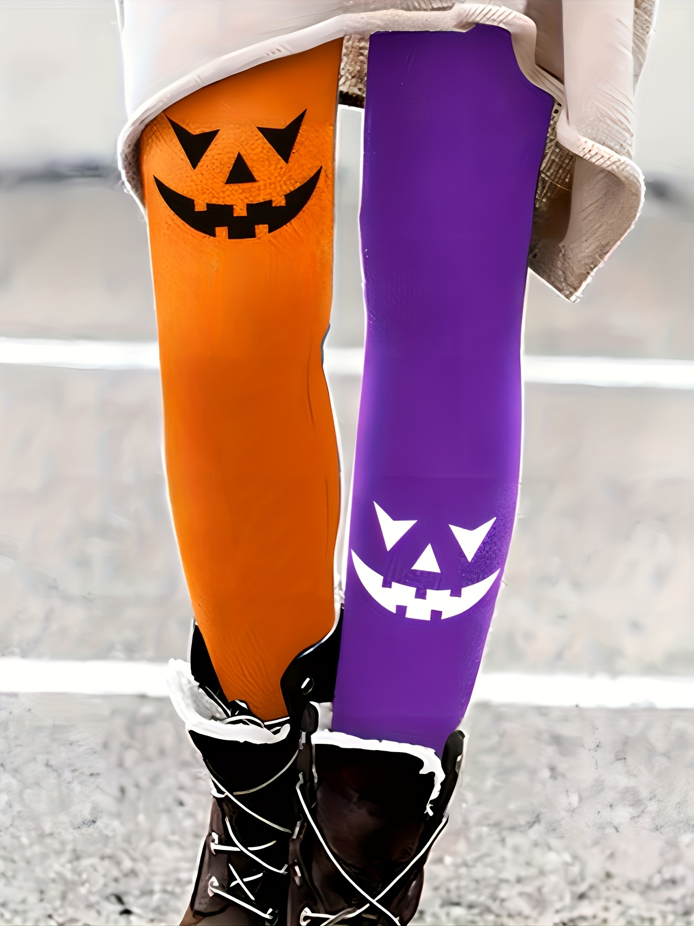 Halloween Pumpkin Print Color Block Leggings Casual Elastic - Temu