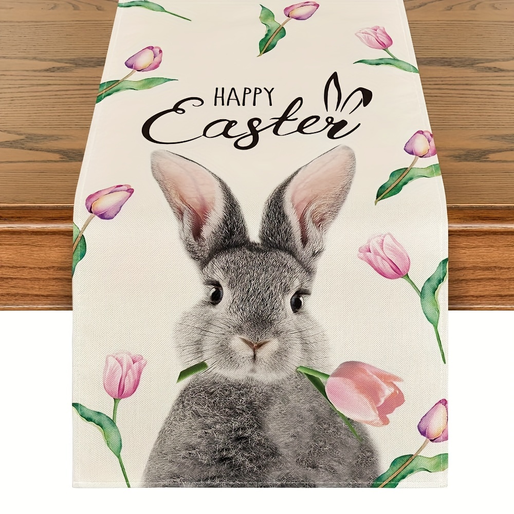 

1pc Bunny Flower Happy Easter Table Runner, Spring Summer Seasonal Holiday Kitchen Table Decoration, Indoor Outdoor Home Party Decoration, Waterproof, Oil Repellent And Stain Resistant Table Flag