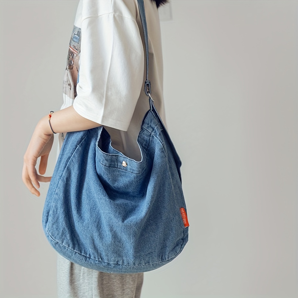 Denim Tote Crossbody Bag, Minimalist Jeans Shoulder Bag, Wide Strap Casual Bag, Large Capacity Shopping Work School Travel Bag