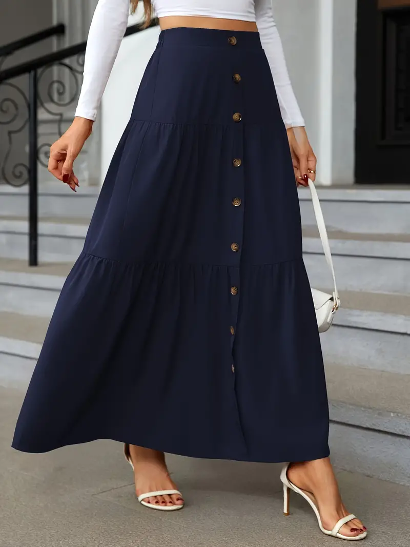 high waist tiered skirts casual solid button front maxi skirts womens clothing details 8