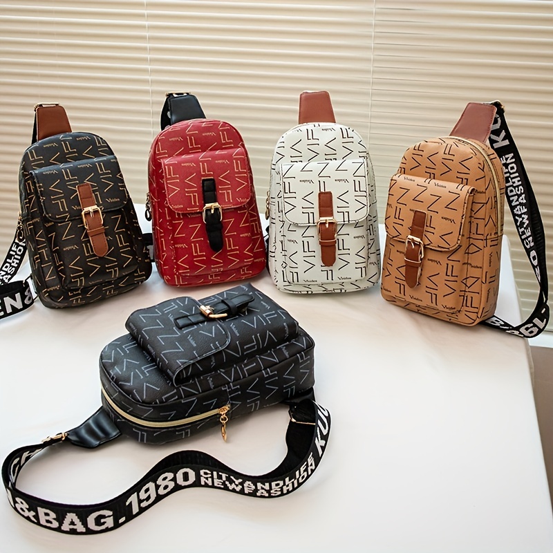 Stylish Letter Graphic Printed Chest Bag, Casual Pu Leather