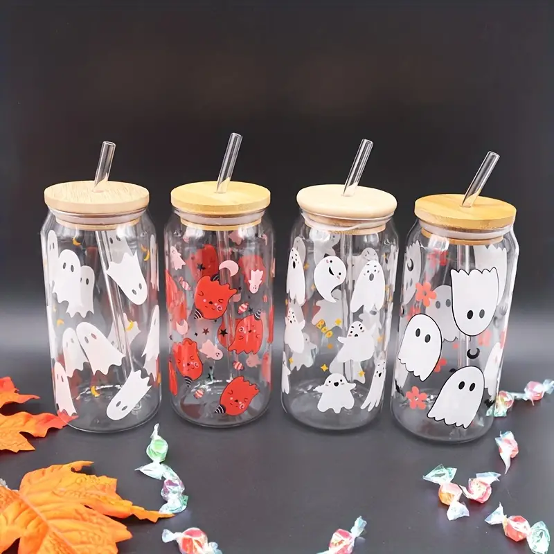 Ghost Drinking Glass With Lid And Straw High - Temu