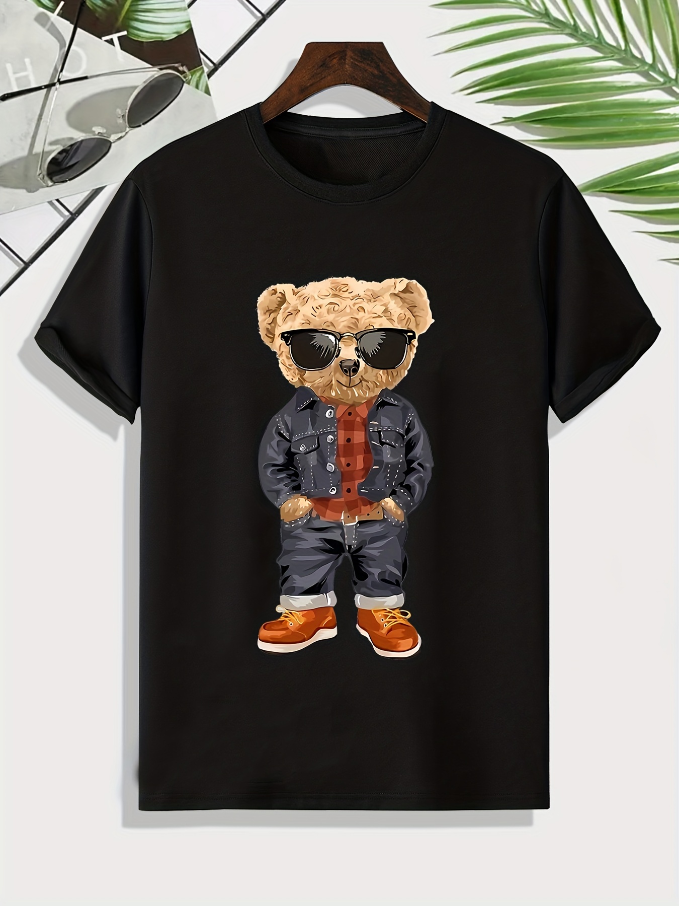 Tees For Men, Denim Teddy Bear Print T Shirt, Casual Short Sleeve