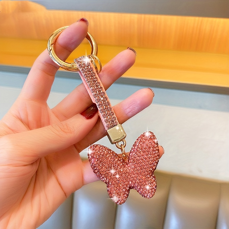 Pink Flower Bag Charm Keychain Key Fob Pearl Bling Charm Keyring Gold