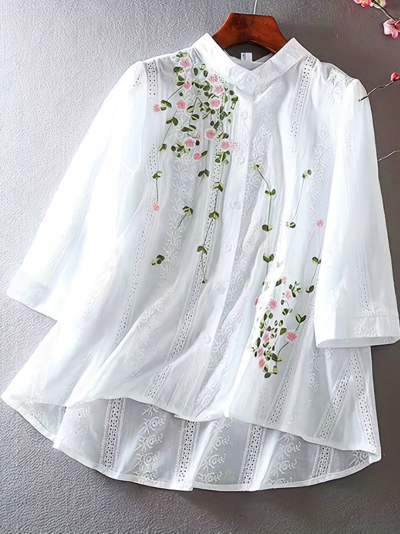 Blusa floral con ojales, elegante blusa frontal con botones para primavera y verano, ropa de mujer