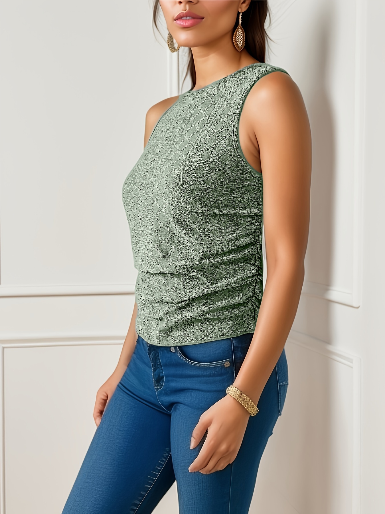 Eyelet Mock Neck Tank Top Casual Solid Slim Sleeveless Top - Temu